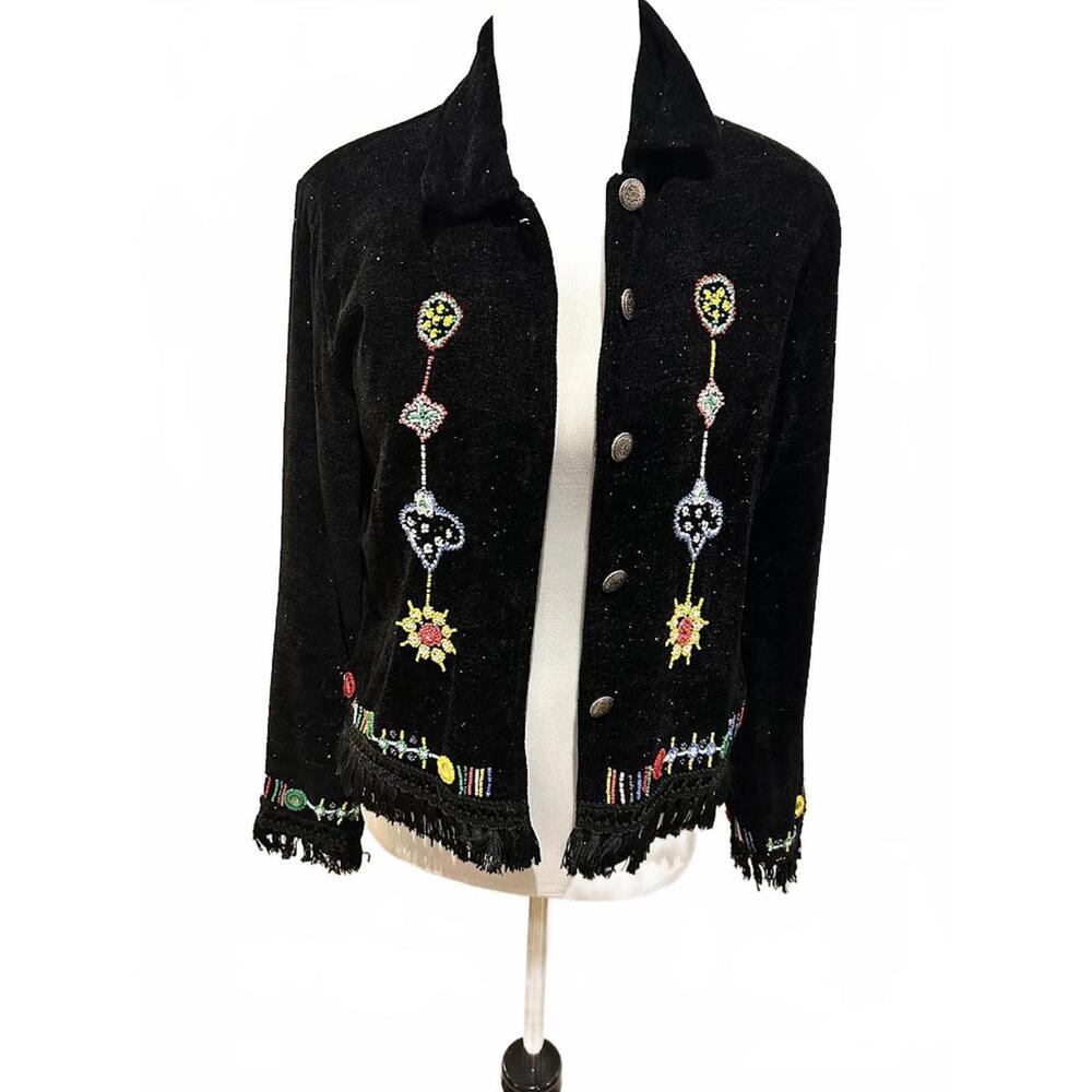 Vintage Black Chenille Beaded Cropped Jacket/sweater Alex Kim/Allure Boho Casual